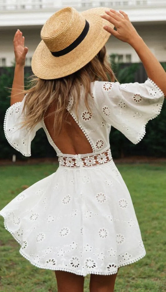 Simple Hollow Out Lace Mini Dress