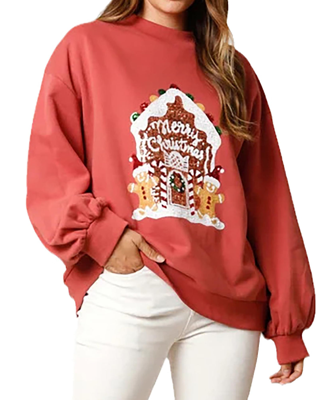 Christmas Casual Loose Long Sleeves Candy House Sequined Sweatshirt