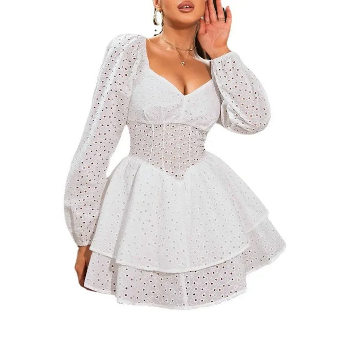 Hollow Out Long Sleeve Mini Lace Dress