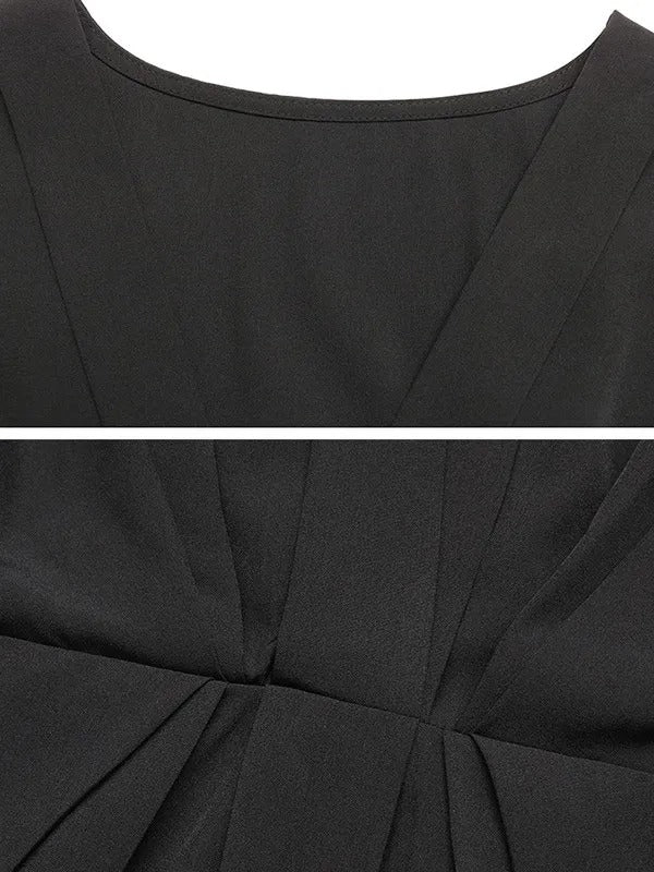 Black Pleated V-Neck Mini Dresses