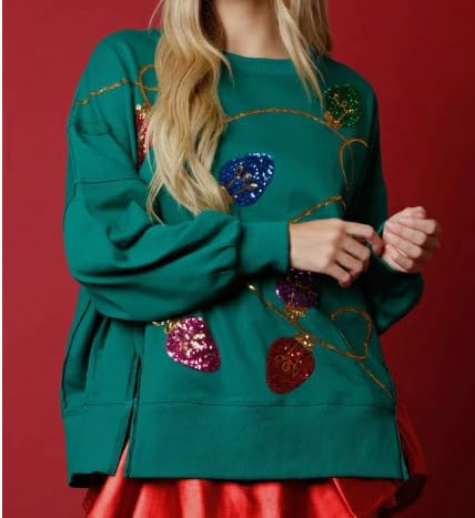 Christmas Lights Sequin Long Sleeve Slit Pullover Sweatshirt