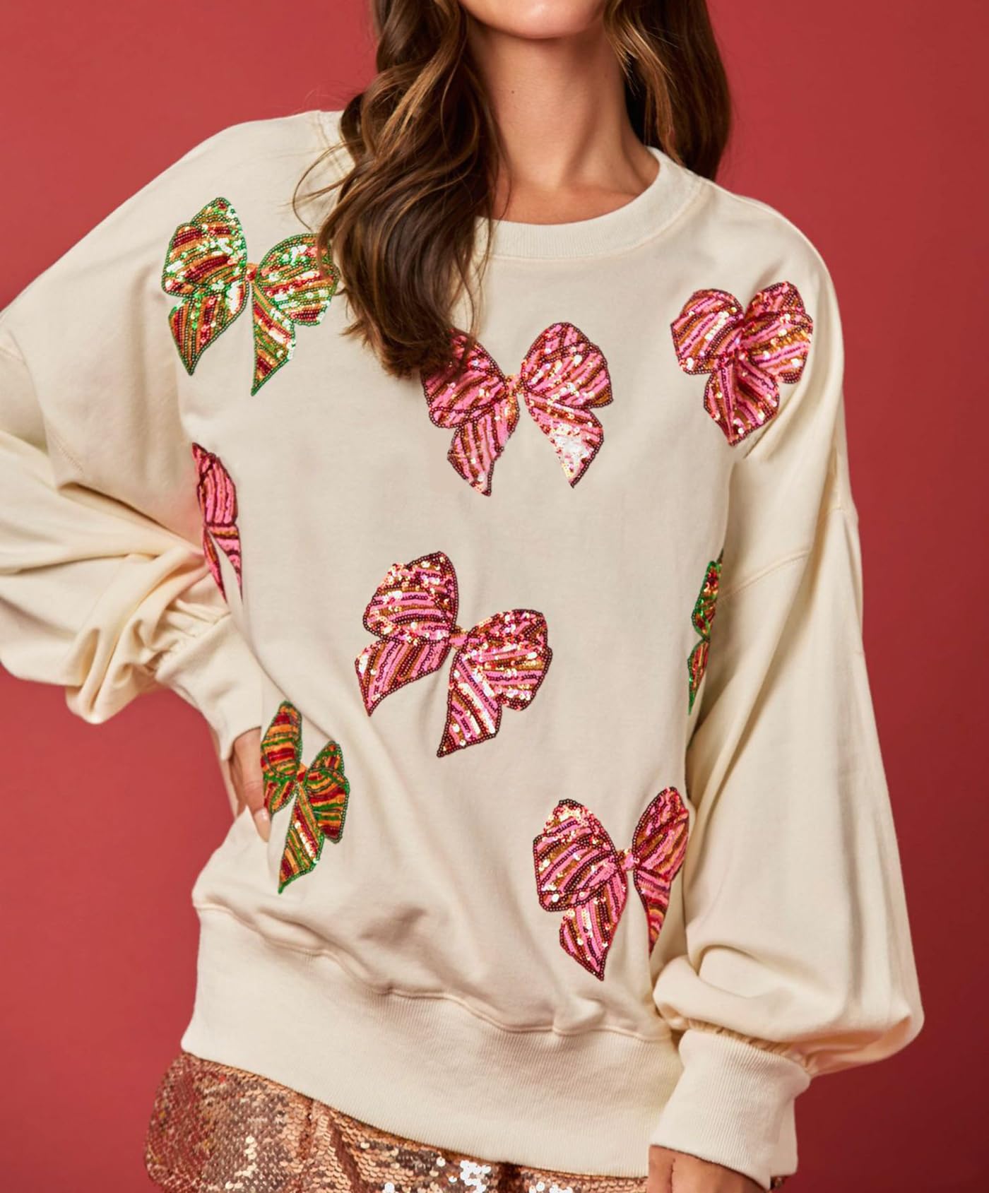 Christmas Bow Sequined Long Sleeve Sweatshirt