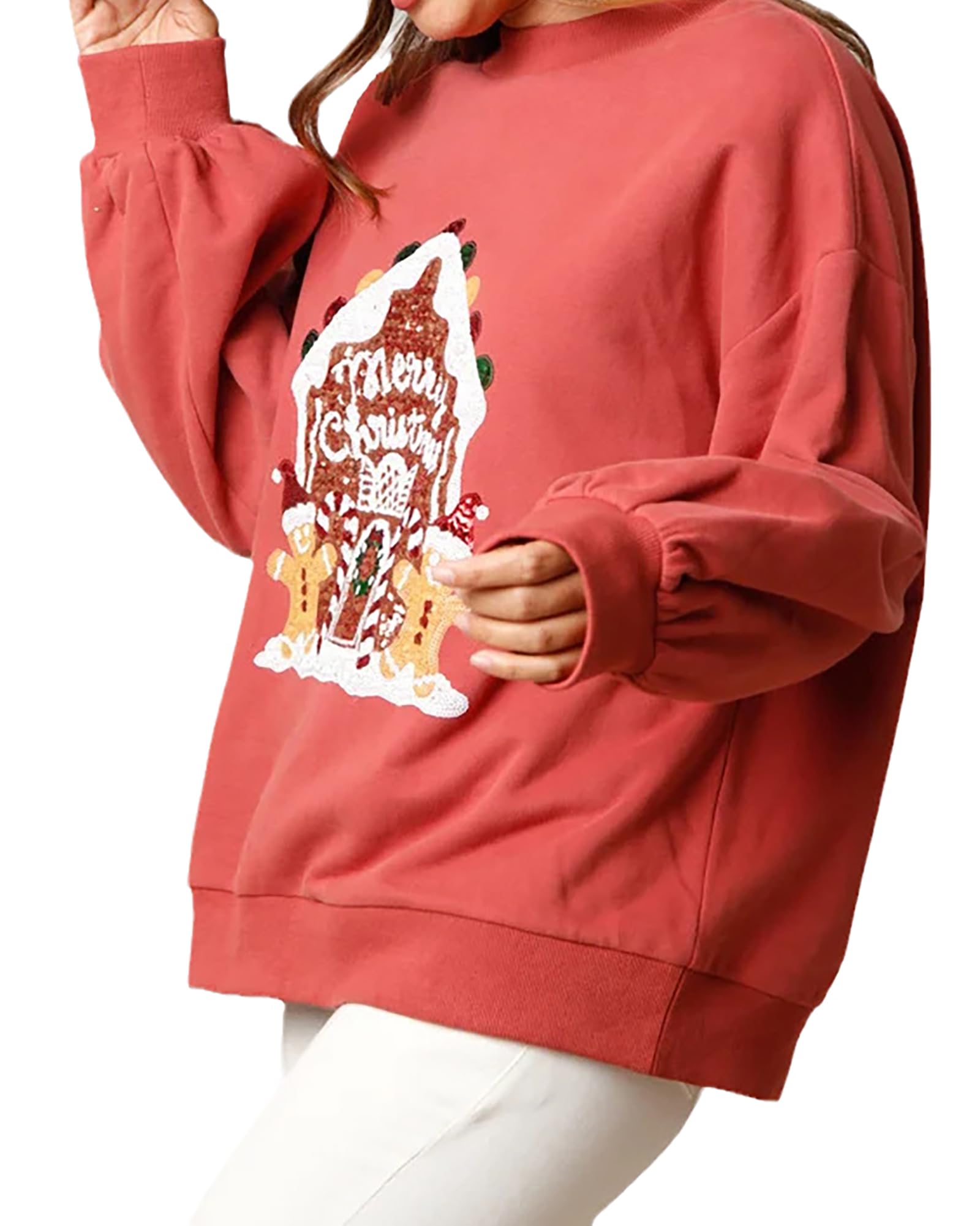 Christmas Casual Loose Long Sleeves Candy House Sequined Sweatshirt