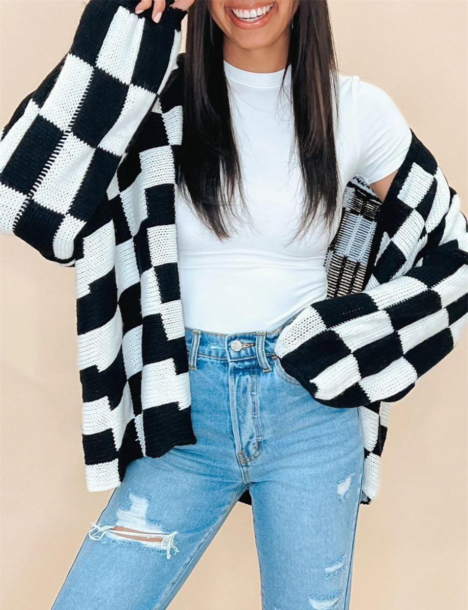 Color Block Plaid Checkered Cardigan Sweater
