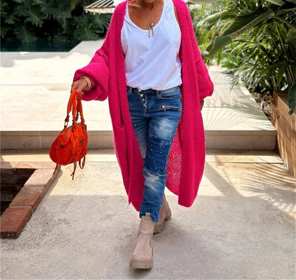 Boho Love Peace Printed Pocket Oversized Midi Cardigan