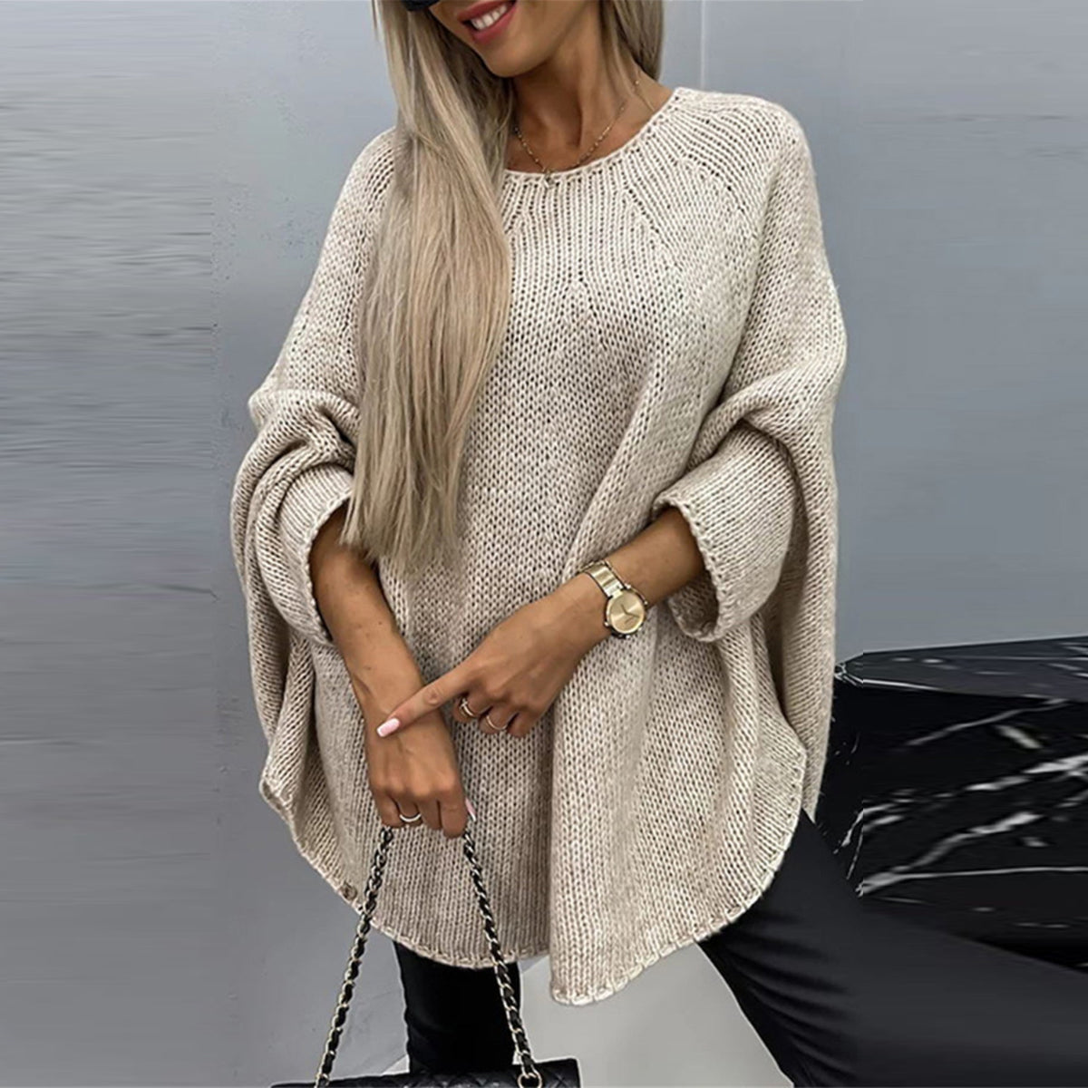 Casual Knit Crew Neck Poncho Loose Sweater