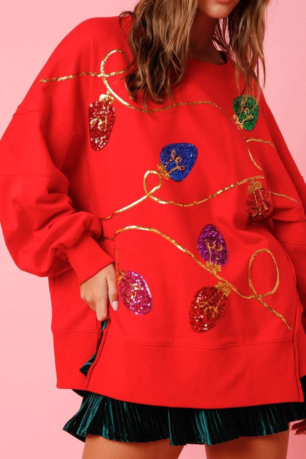Christmas Lights Sequin Long Sleeve Slit Pullover Sweatshirt