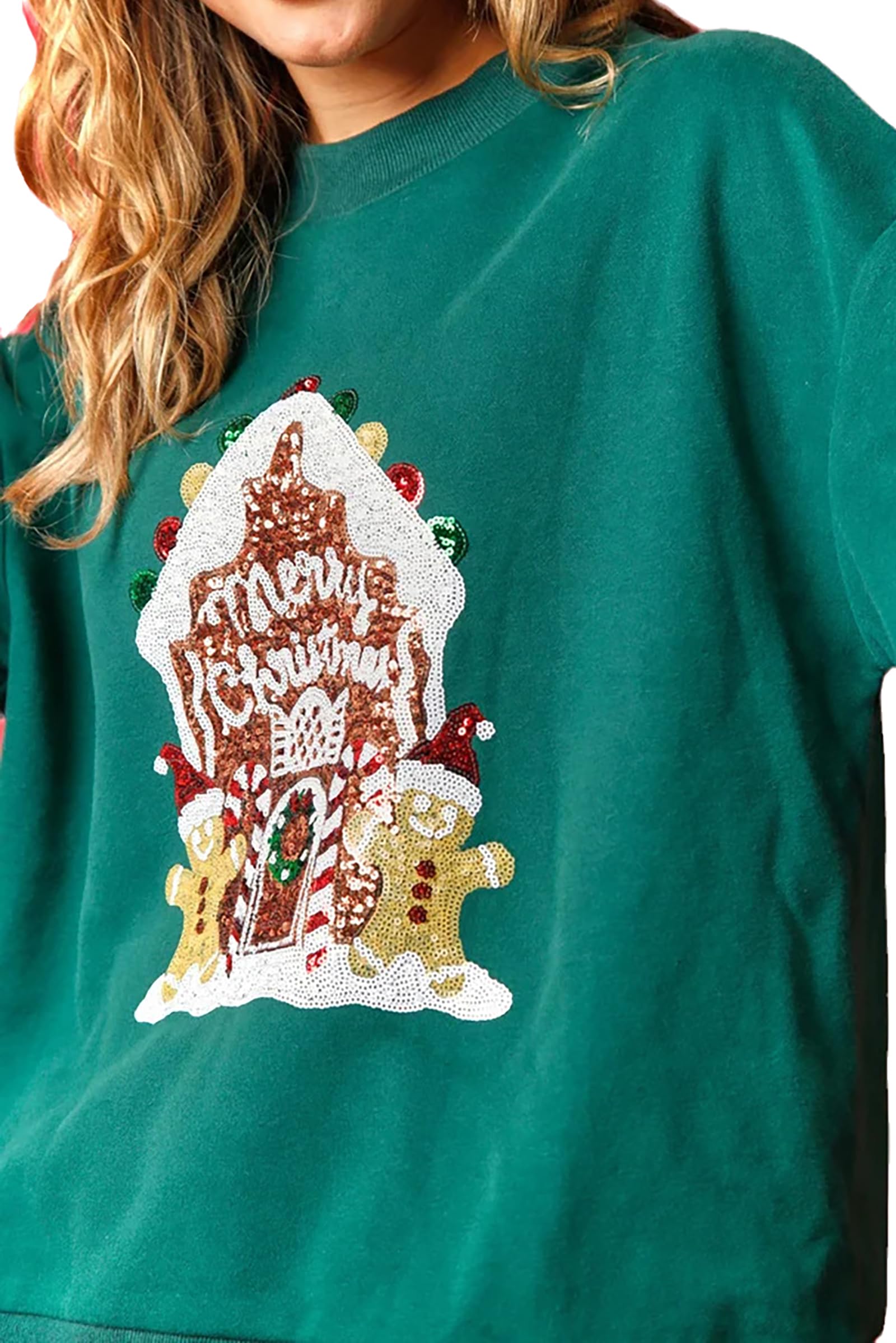 Christmas Casual Loose Long Sleeves Candy House Sequined Sweatshirt