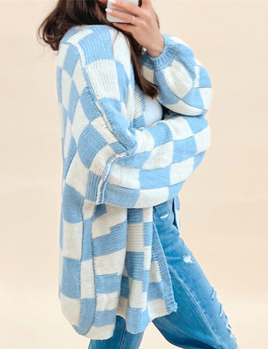 Color Block Plaid Checkered Cardigan Sweater