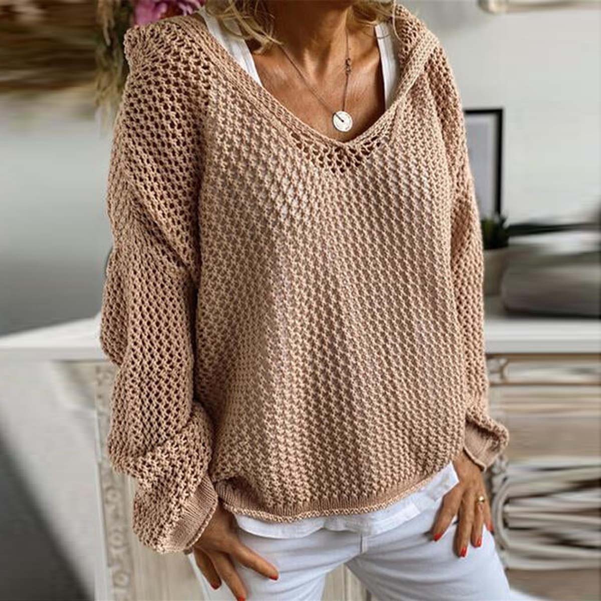 Loose Hooded Long Sleeve Sweater