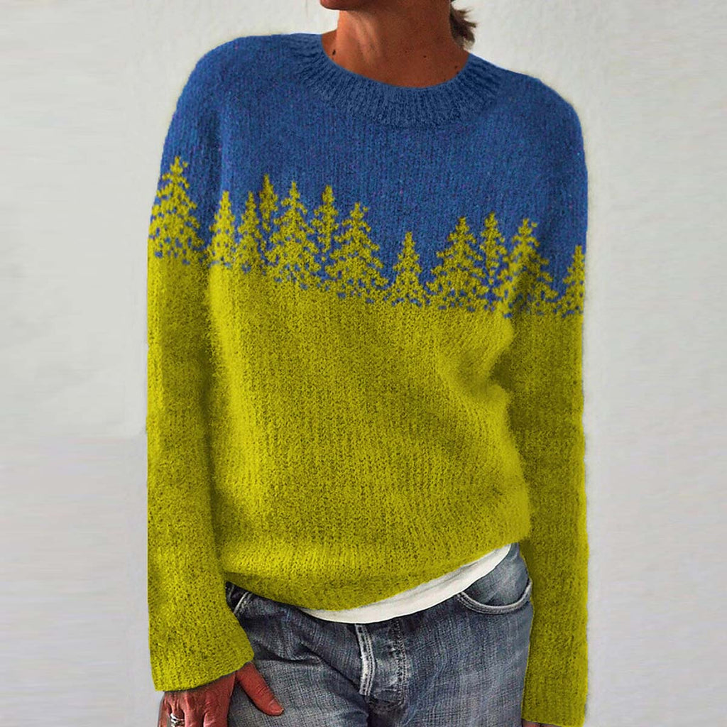 Casual Forest Print Pullover Color Block Sweater