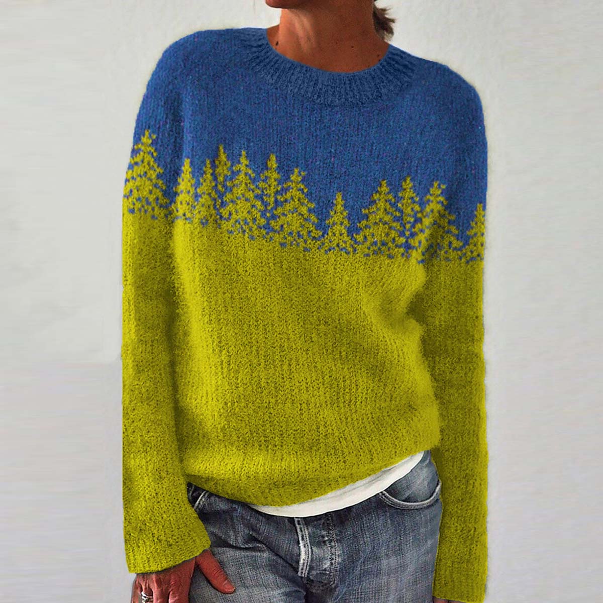 Casual Forest Print Pullover Color Block Sweater