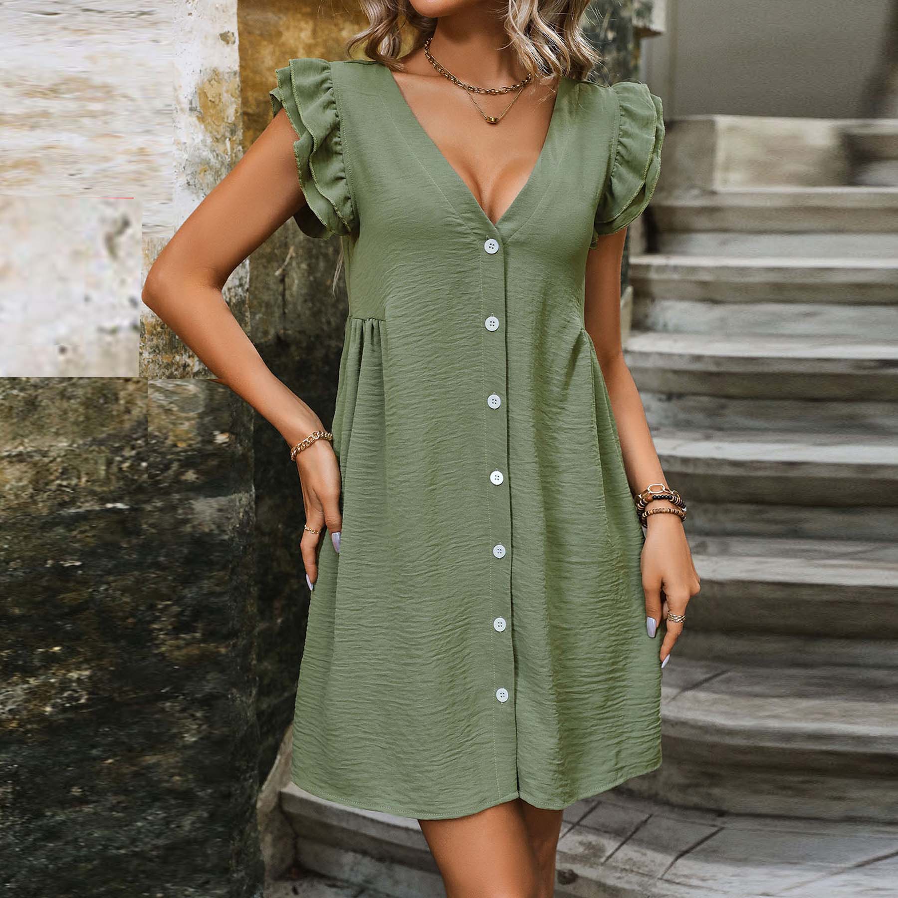 Ruffled Button Up Cap Sleeve Dress