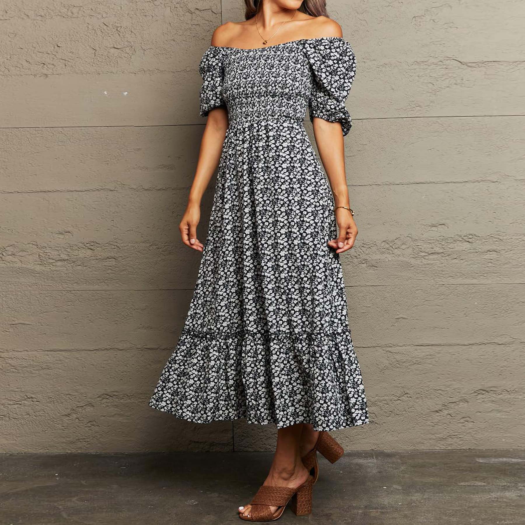 Floral Lace-Up Off-Shoulder Midi Dress