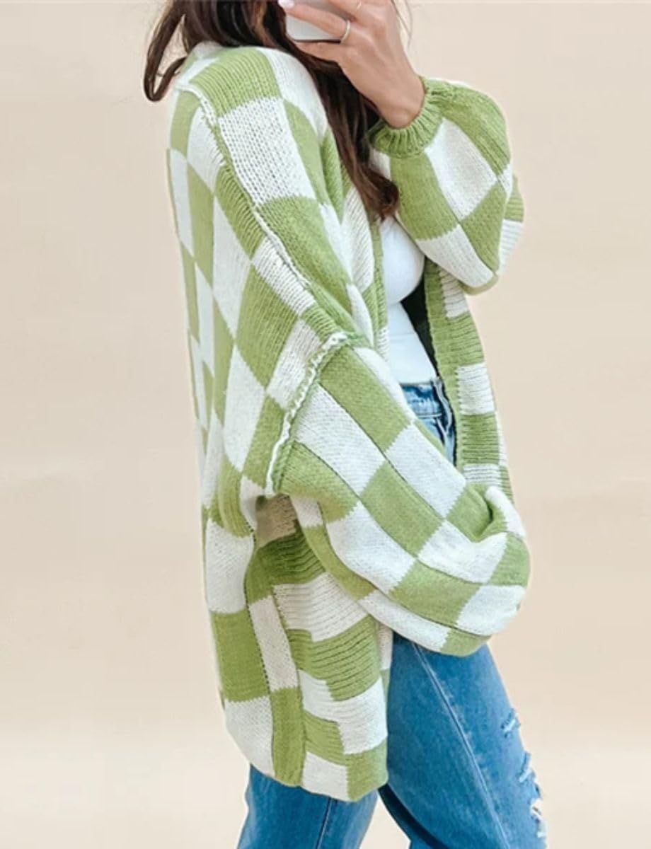 Color Block Plaid Checkered Cardigan Sweater