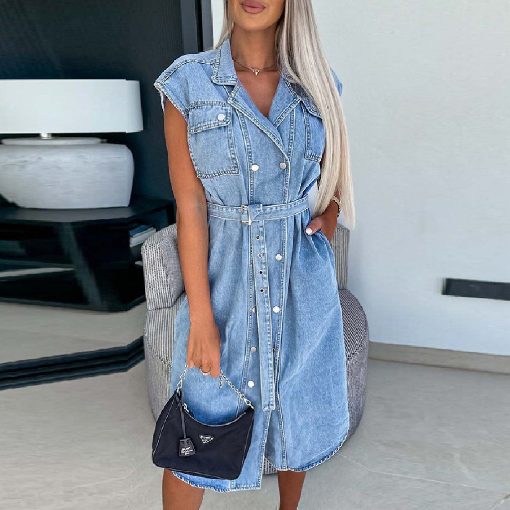 Classic Lapel Collar Buttons Down Pockets Denim Midi Dress