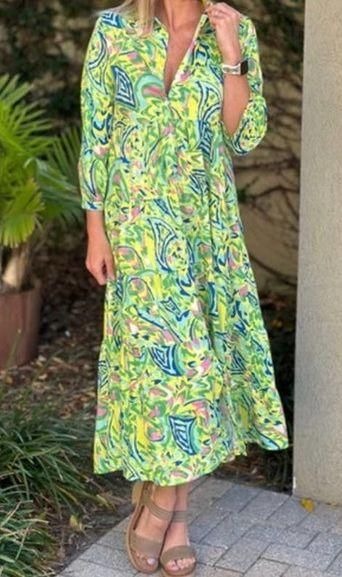 Green Print Long Sleeve Button Down Midi Dress
