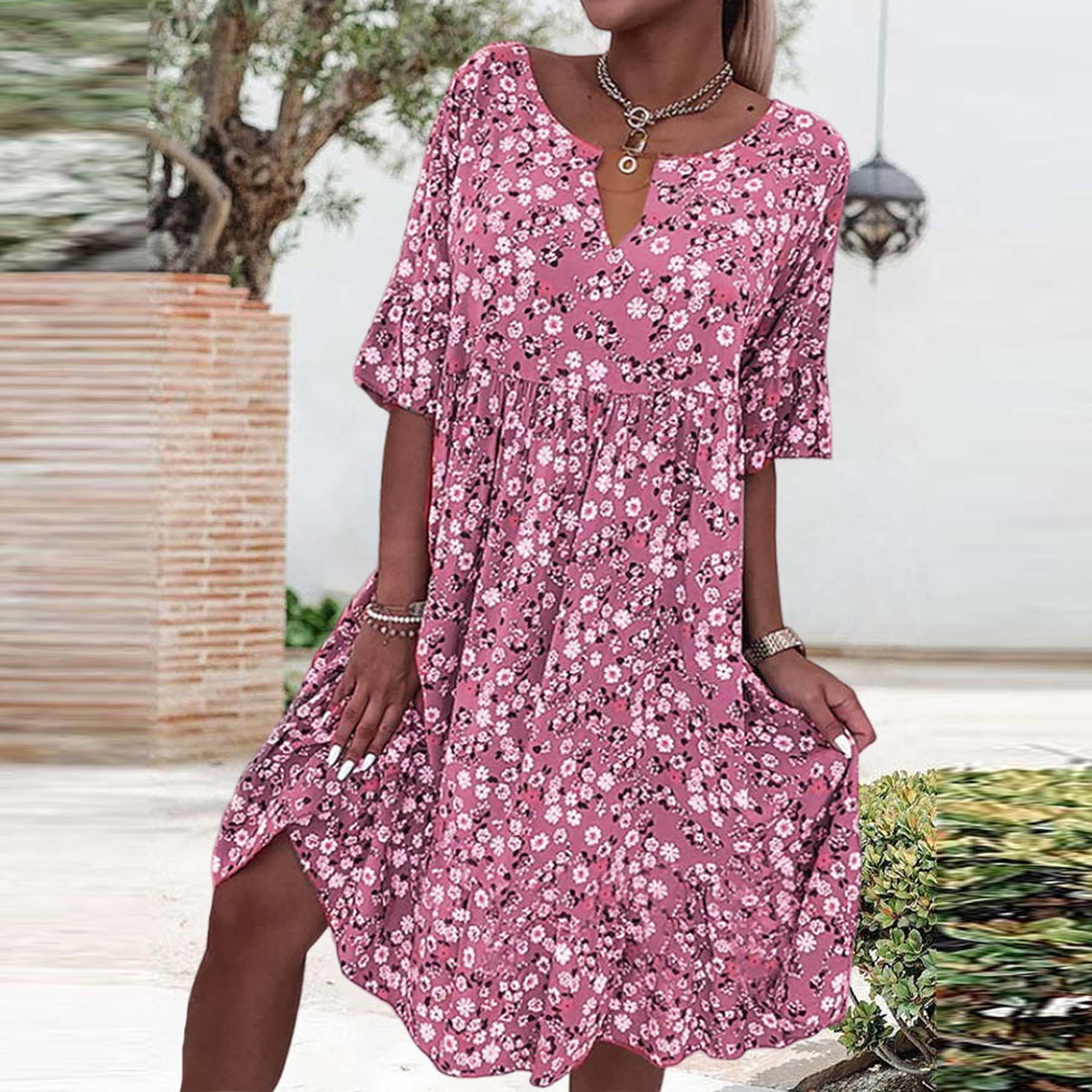 Pink Short Sleeves Loose Mini Dress