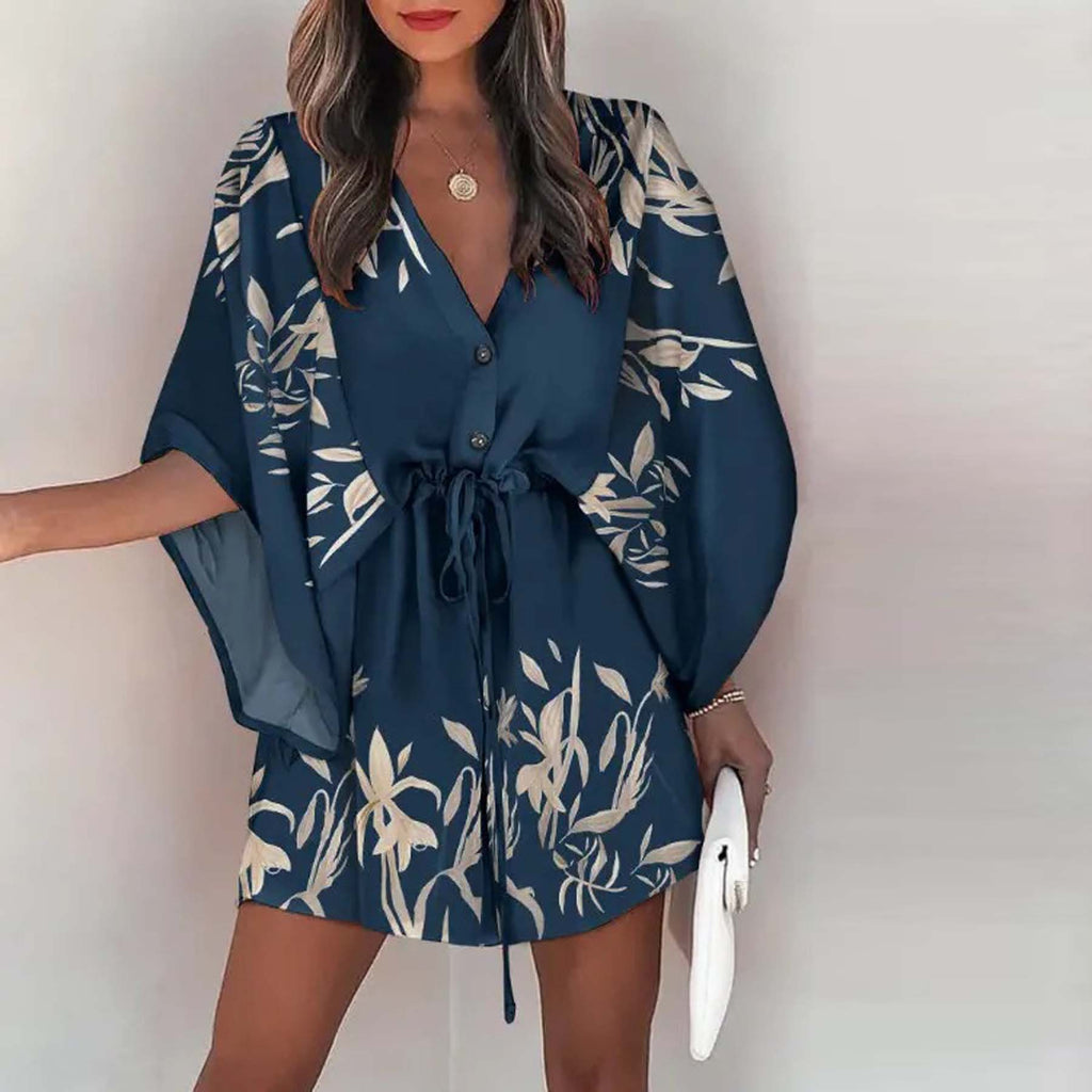 Casual Print V Neck Drawstring Waist Mini Dress