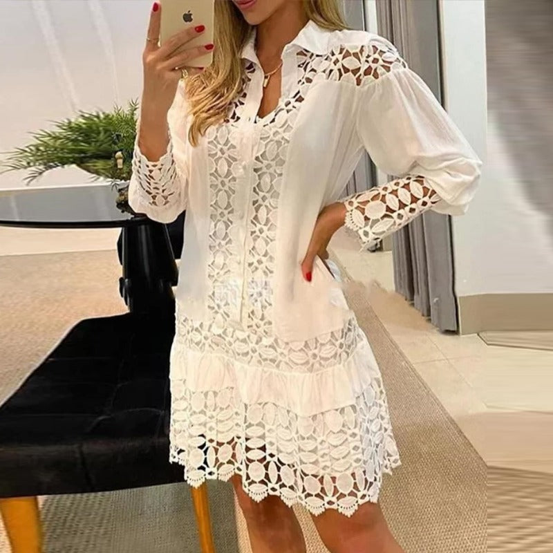 Contrast Lace Patchwork Shirt Collar Dress