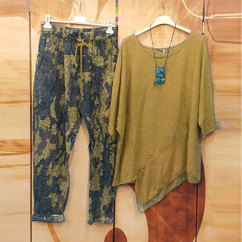 Casual Printing Irregular top with Camouflage print Pants Two Piece Suit