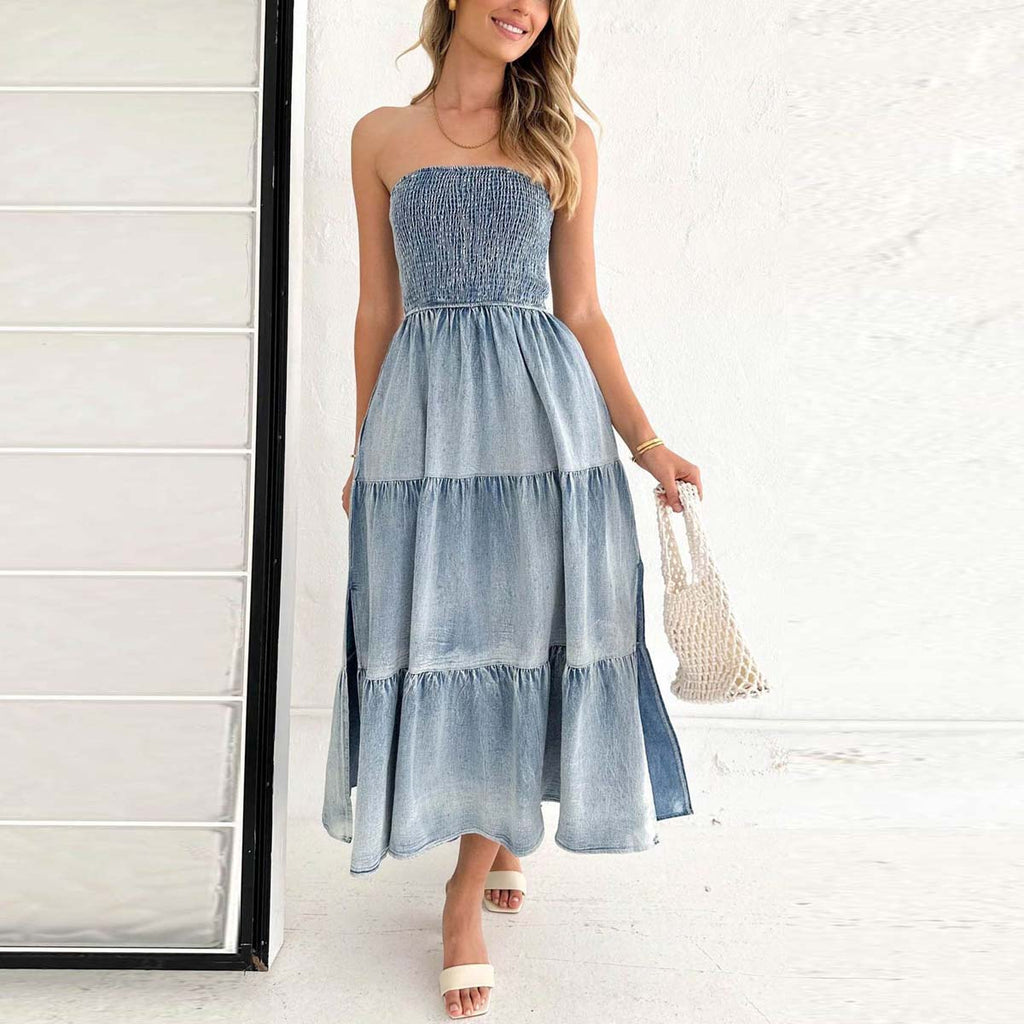 Strapless Smocked  Tiered Slit Side Midi Denim Dress