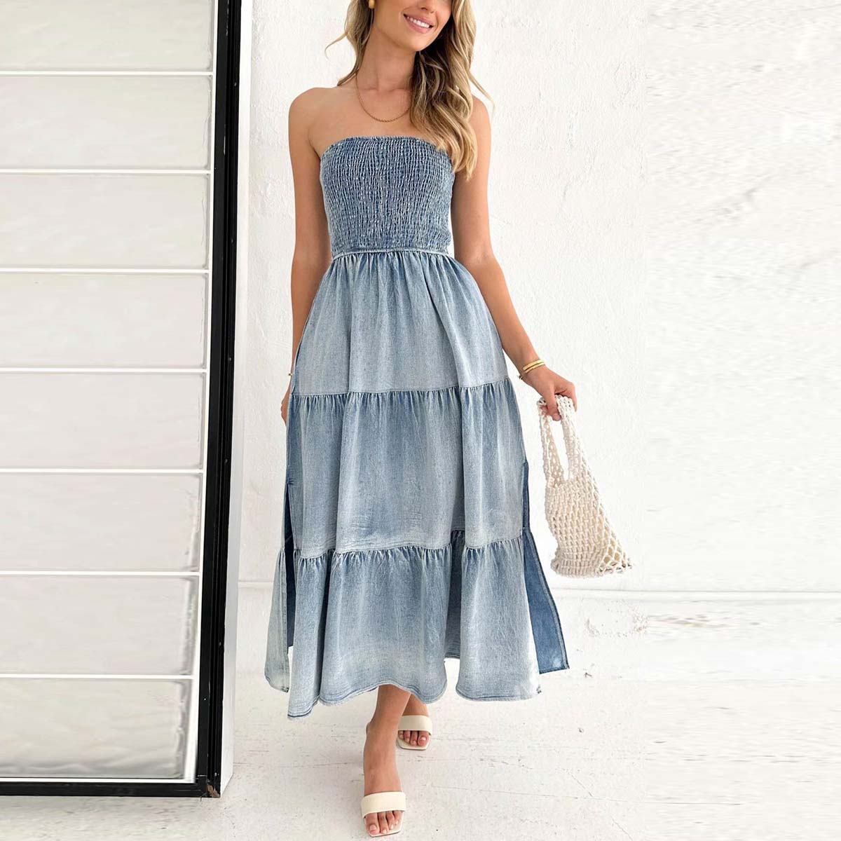 Strapless Smocked  Tiered Slit Side Midi Denim Dress