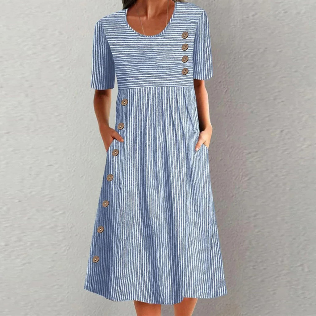 Blue Casual Striped Crew Neck Buttons Midi Dress