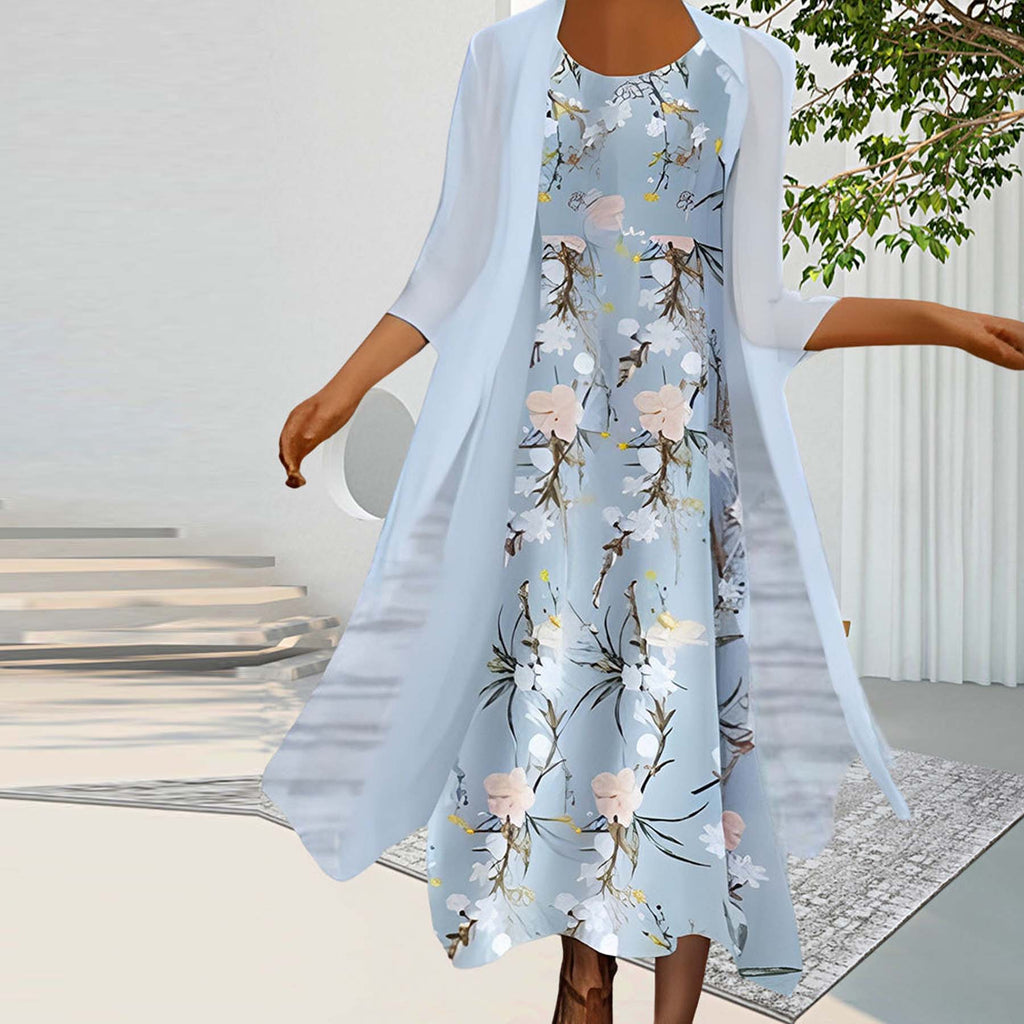 Blue Floral Midi Two Piece Dress