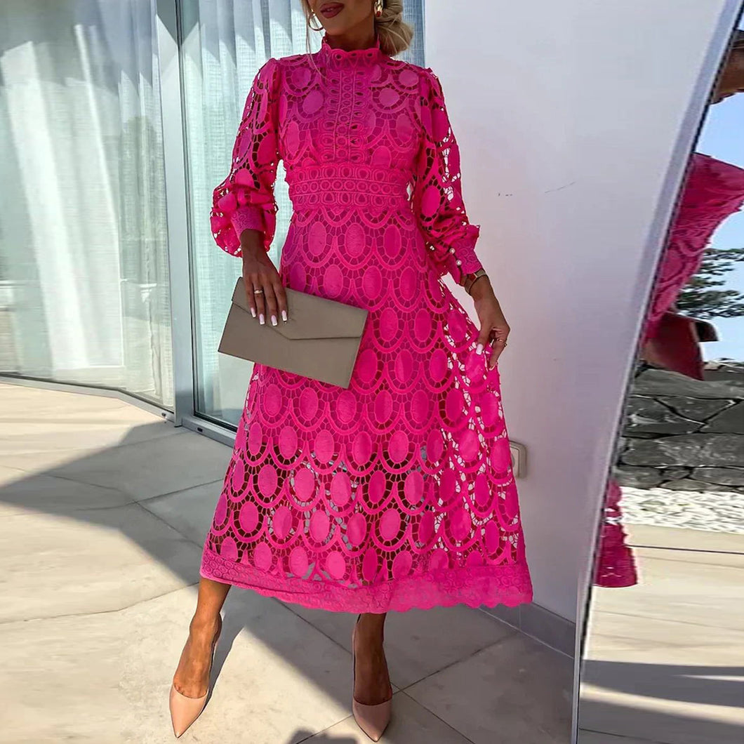 Long Sleeve Hollow Out Lace Midi Dress