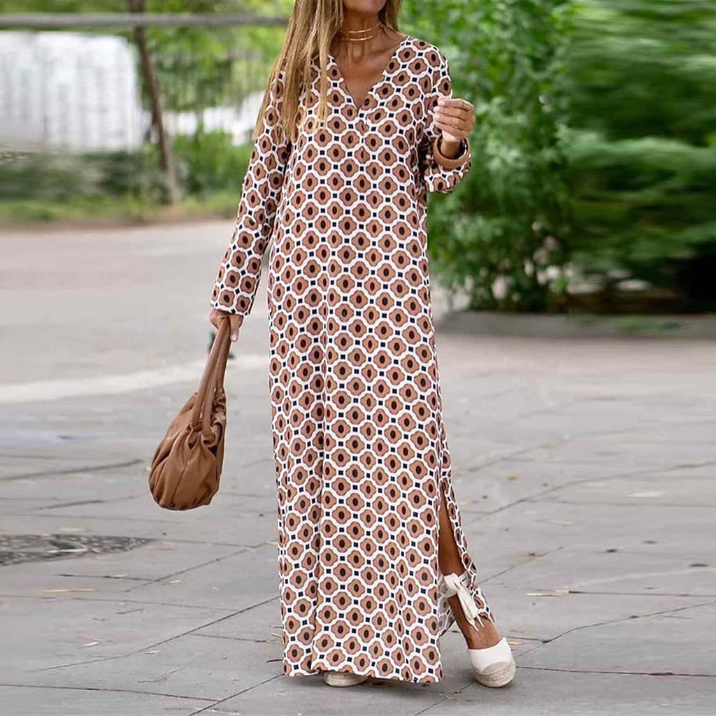 Brown Geometric Print Long Sleeve Maxi Dress