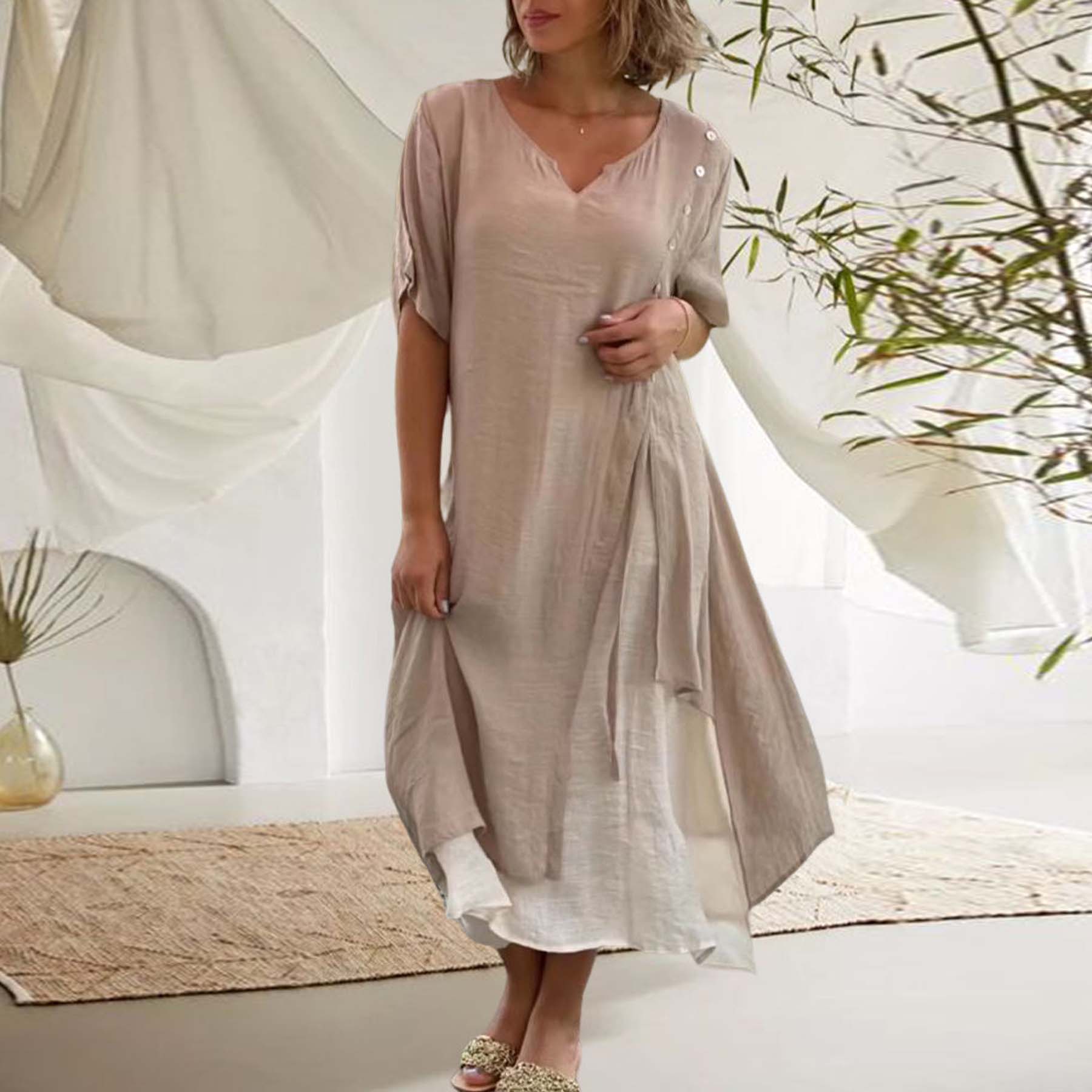 Short Sleeve V-neck Tiered Midi Dress