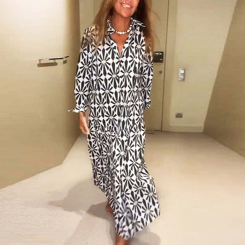 Black and White Print Long Sleeves Midi Dress