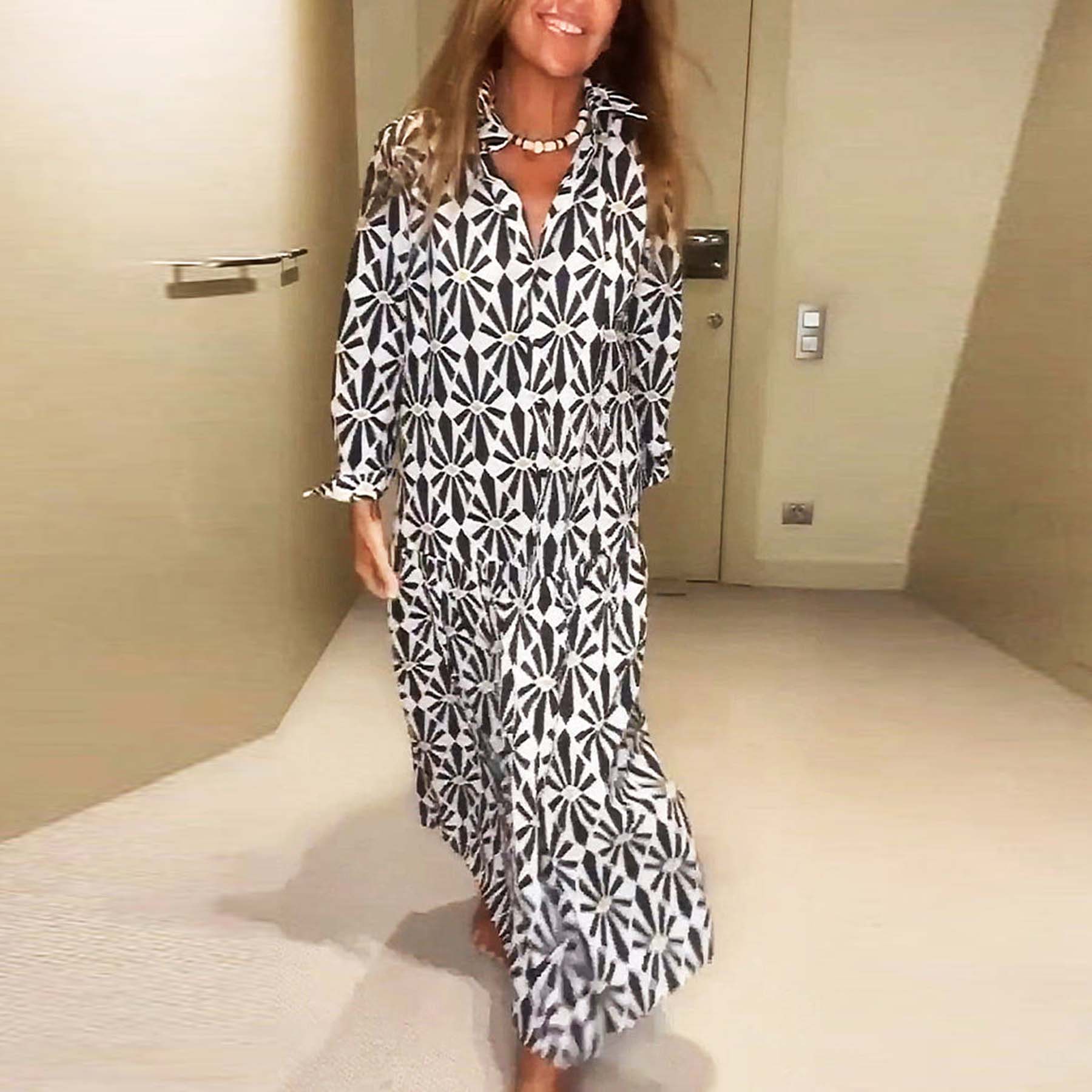 Black and White Print Long Sleeves Midi Dress
