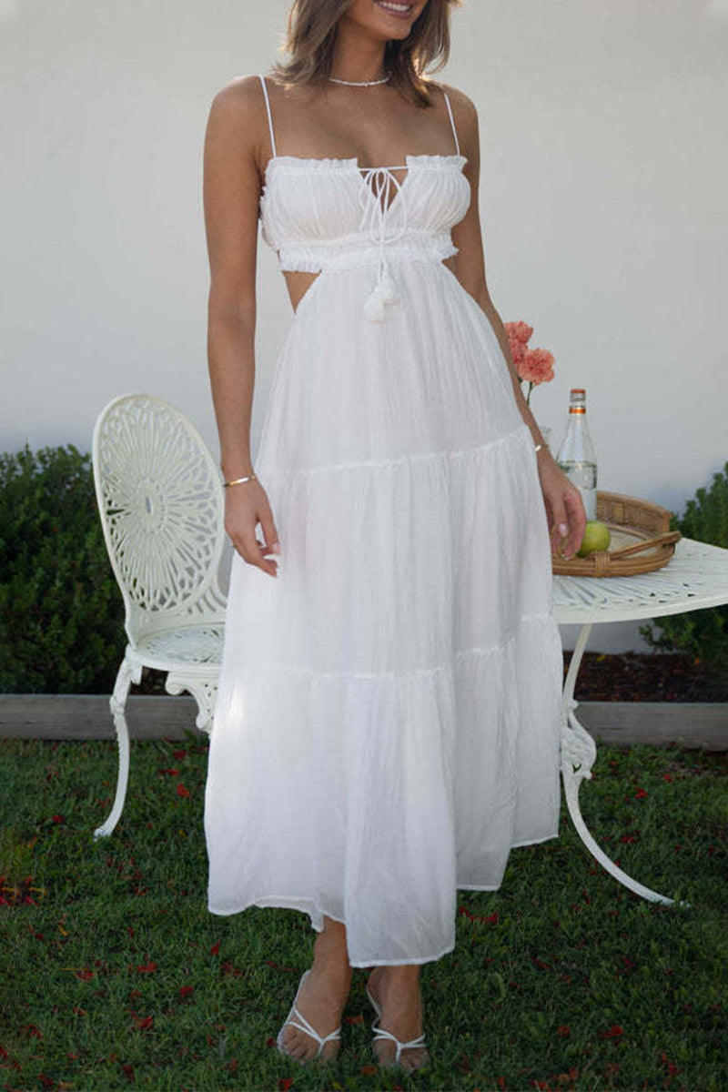 Sexy Spaghetti Straps Cut Out Tiered Midi Dress