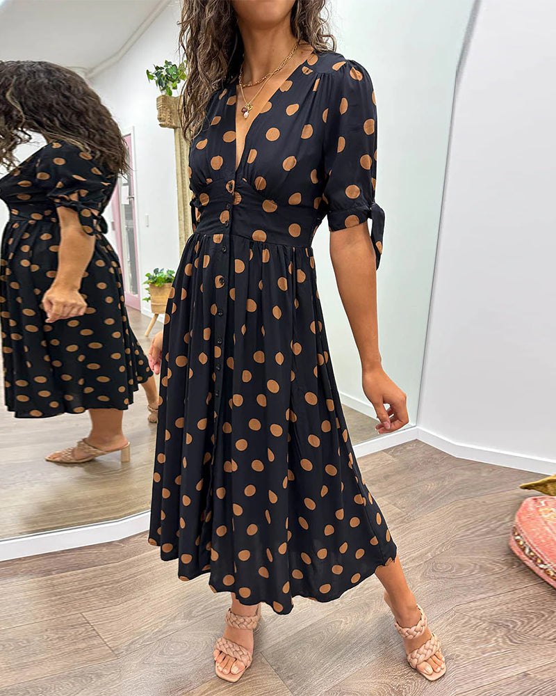 Black Dots Print Short Sleeve Midi Dress