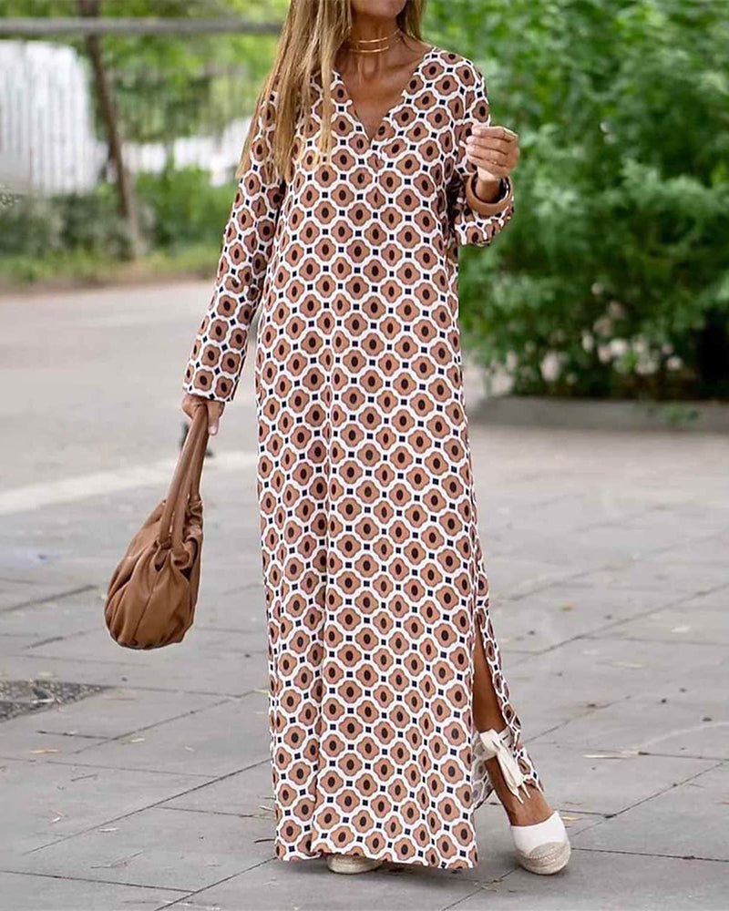 Brown Geometric Print Long Sleeve Maxi Dress