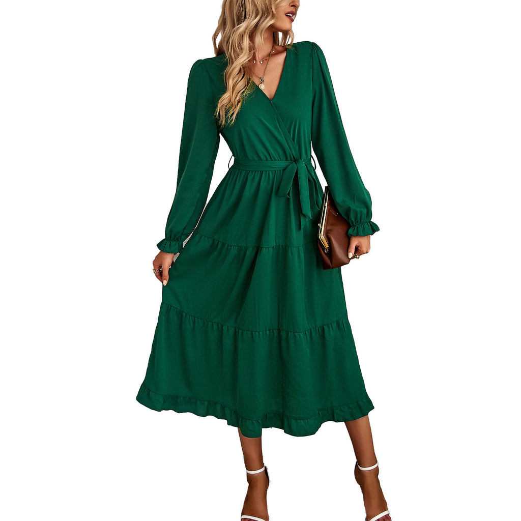 Casual Long Sleeve V-neck Sash Tiered Midi Dress
