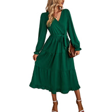 Load image into Gallery viewer, Casual Long Sleeve V-neck Sash Tiered Midi Dress

