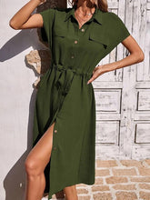 Load image into Gallery viewer, Simple Short Sleeves Collar Drawstring Waist Shirt Midi Dress
