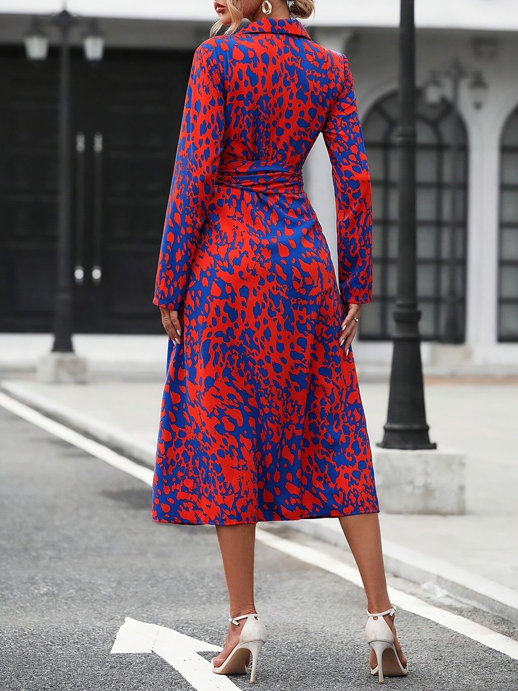 Elegant Long Sleeve Cinched Waist Allover Print Button Down Midi Dress