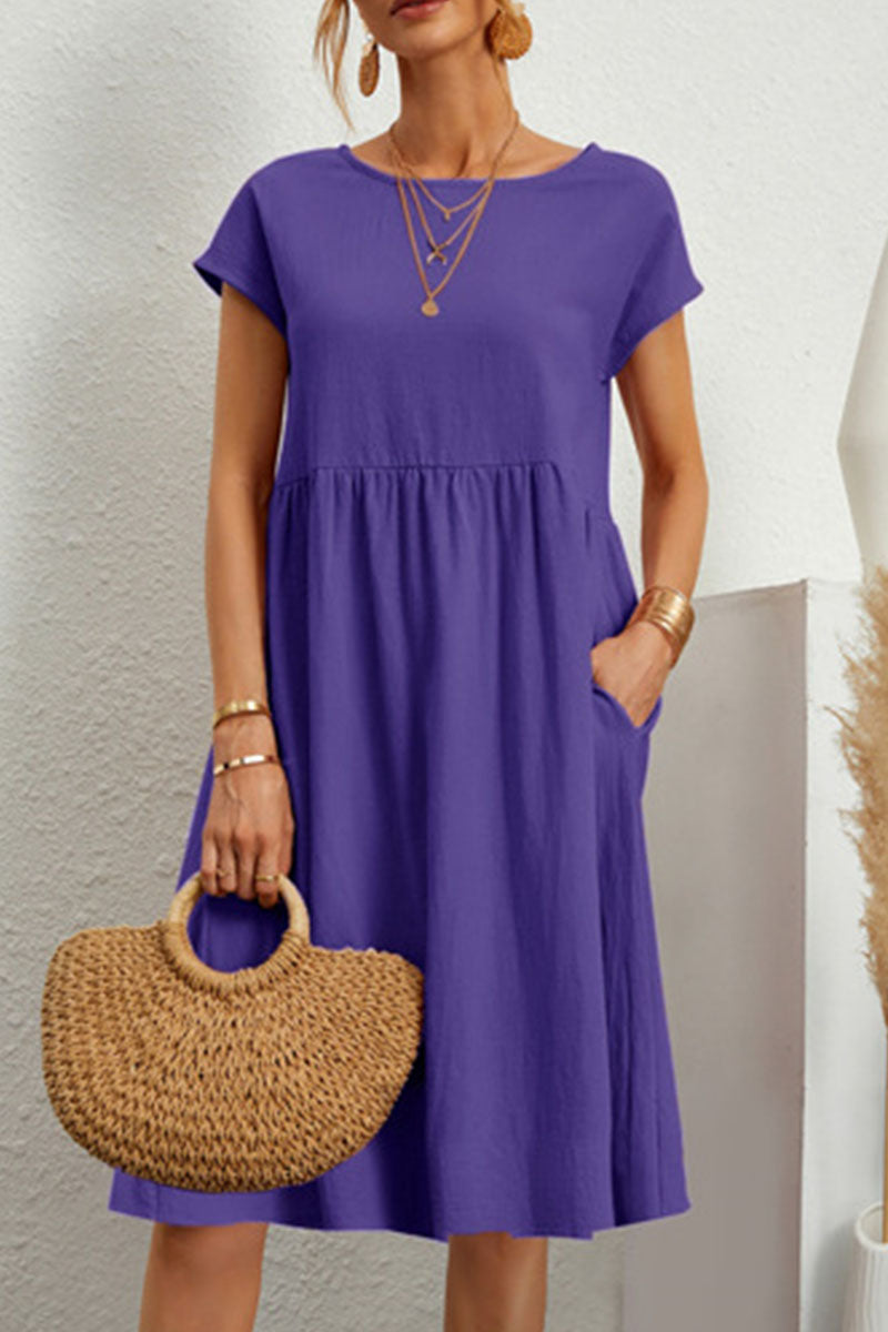 Casual Round Neck Short Sleeve A Line Pockets Midi Dress