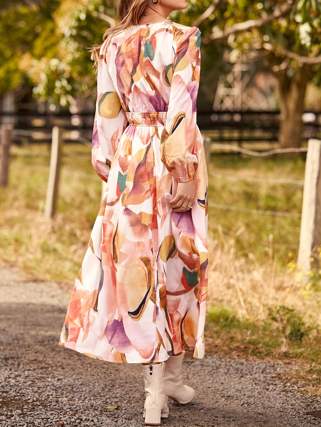 Casual Floral V Neck Long Sleeve Dress