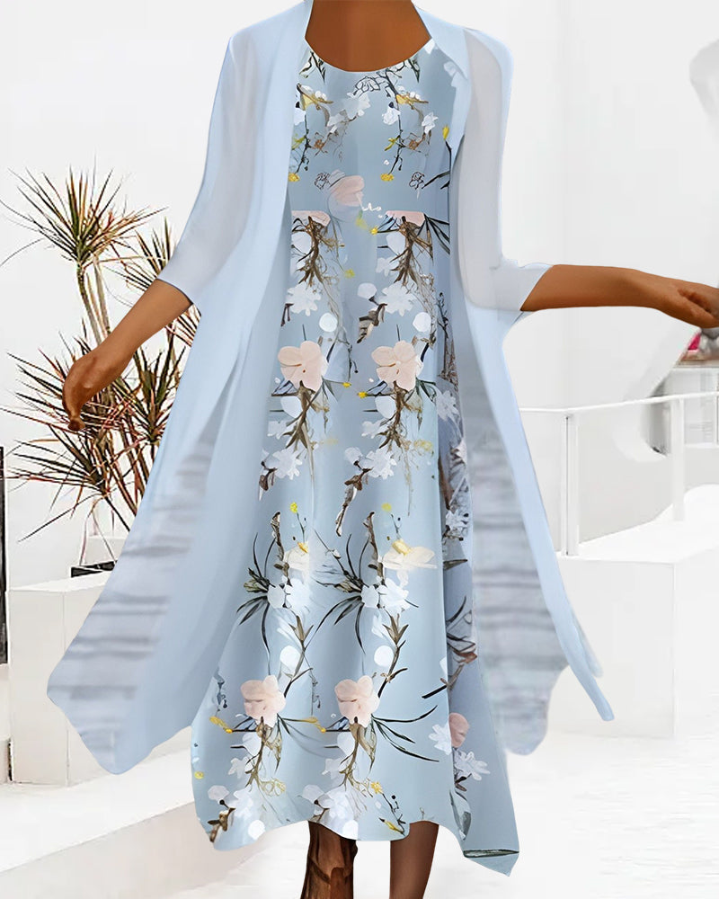 Blue Floral Midi Two Piece Dress