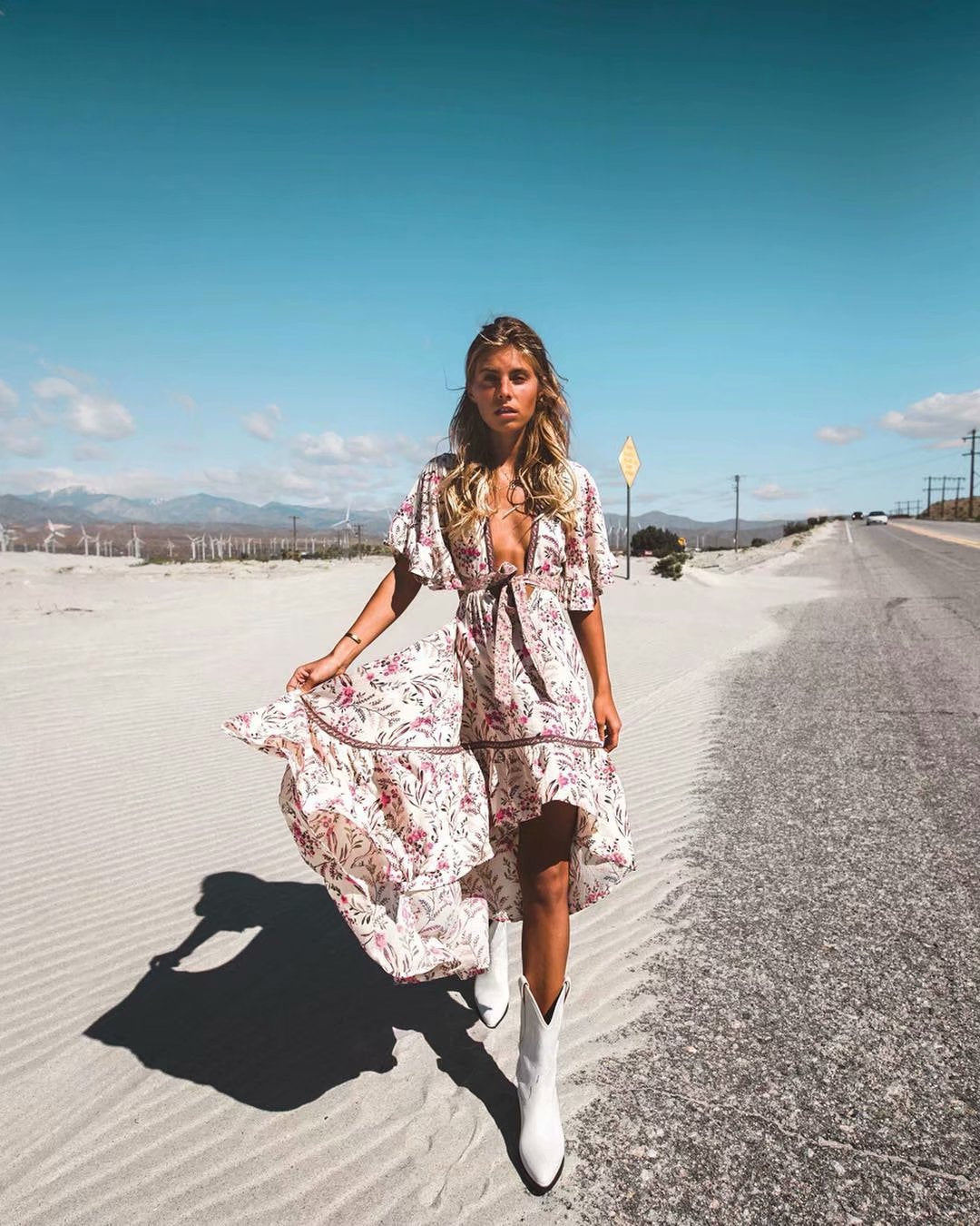 Boho Beige Floral Print High Low Dress