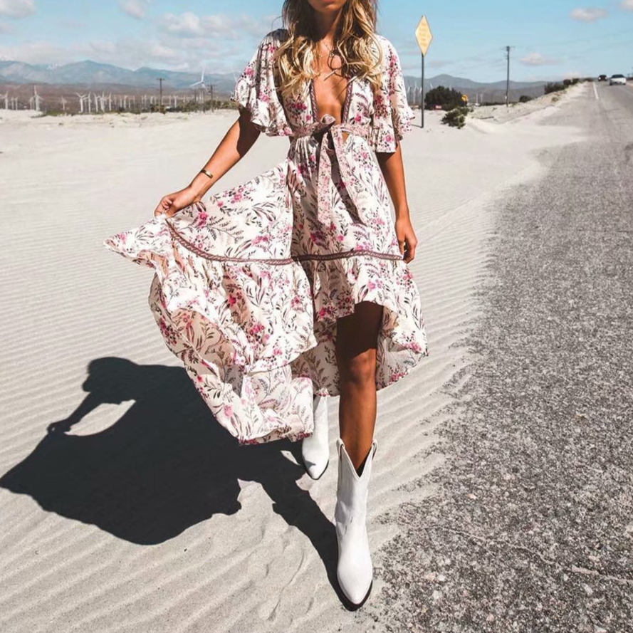 Boho Beige Floral Print High Low Dress