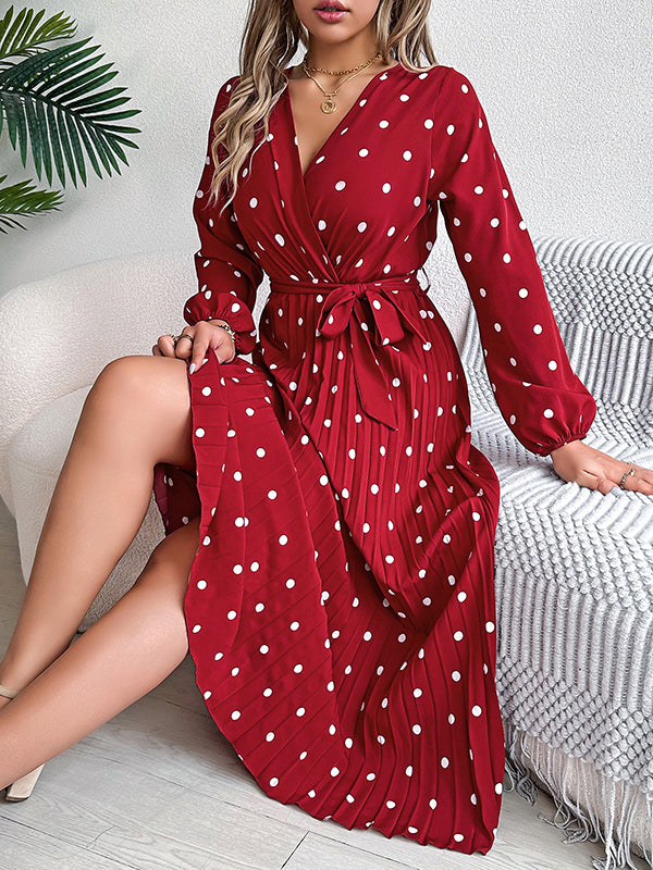 Classic V-neck Long Sleeves Polka Dots Print Midi Dress