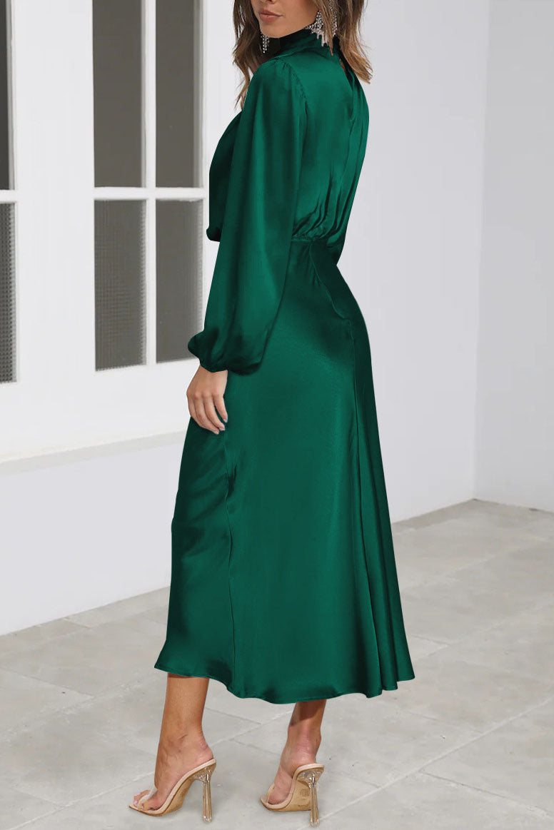 Chic Satin Long Sleeve Midi Party Dress