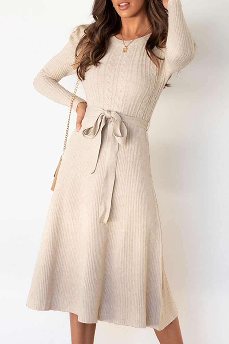 Casual Round Neck Tied Waist Long Sleeves Midi Sweater Dress