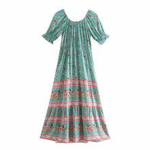 Load image into Gallery viewer, Boho Blue Floral Print Short Sleeve Maxi Dress
